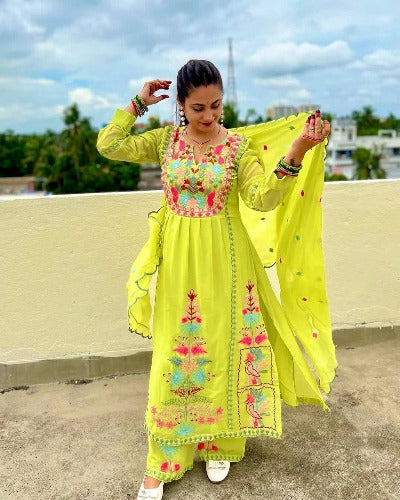 Flourescent Yellow Georgette Multicolour Thread And Mirror Work Salwar Suit Set