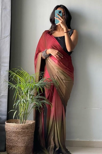 1 Min Red Dual Tone Georgette Stitched Readymade Saree