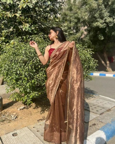 Gold Tissue Silk Saree With Velvet Stitched Readymade Blouse