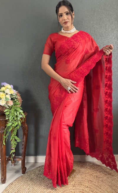 1 Min Red Soft Kota Doriya Stitched Readymade Saree