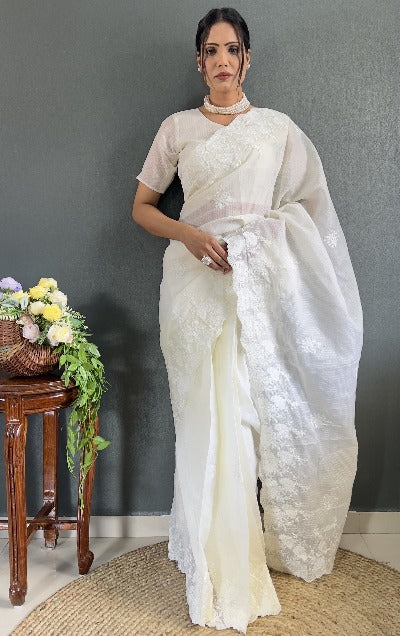 1 Min White Soft Kota Doriya Stitched Readymade Saree