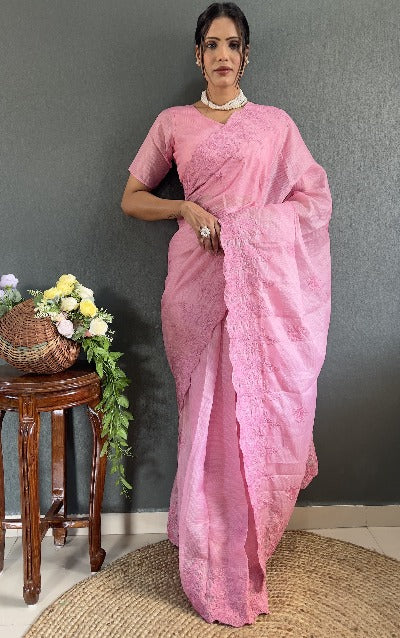 1 Min Pink Soft Kota Doriya Stitched Readymade Saree