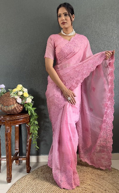 1 Min Pink Soft Kota Doriya Stitched Readymade Saree