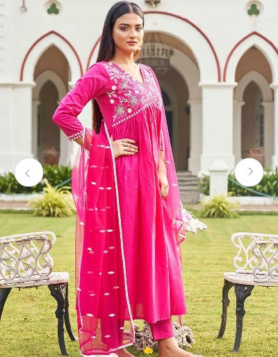 Rani Pink Ethnic Cotton Embroidery Salwar Suit Set