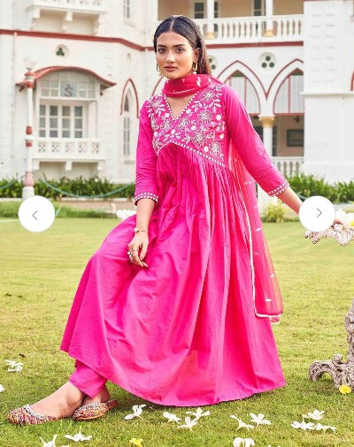 Rani Pink Ethnic Cotton Embroidery Salwar Suit Set