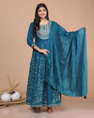 Blue Cotton Schiffli Embroidery & Mirror Work Anarkali Suit Set
