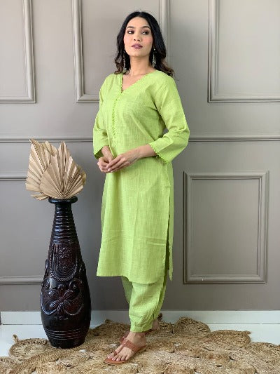 Pista Green Monochrome Slub Cotton Afghani Kurti Set Of 2