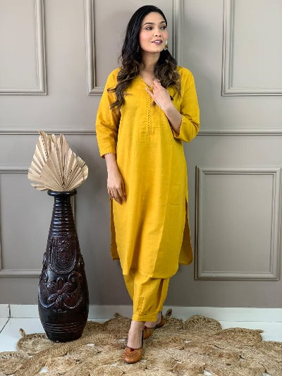 Yellow Monochrome Slub Cotton Afghani Kurti Set Of 2