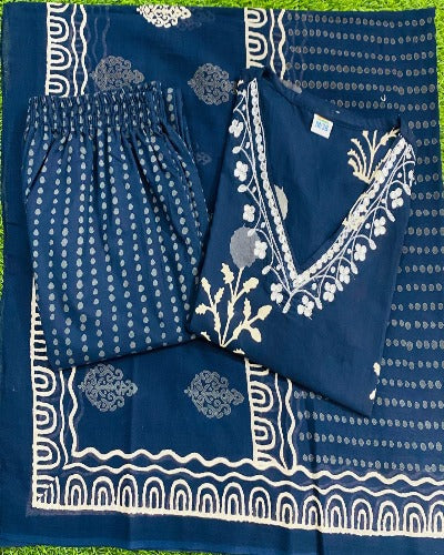  Blue Discharge Print Cotton Salwar Suit Set