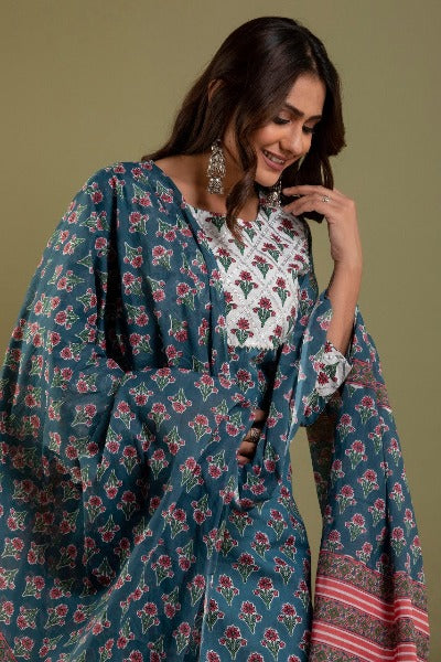 Blue Floral Print Cotton Salwar Suit Set