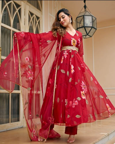 Red Floral Tabby Organza Silk Anarkali Flared Salwar Suit Dupatta