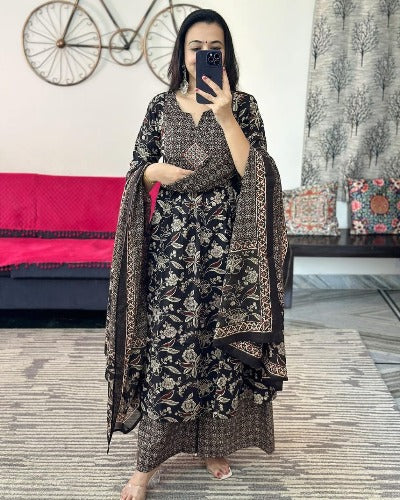 Black Floral Fully Printed Cotton Salwar Suit Set