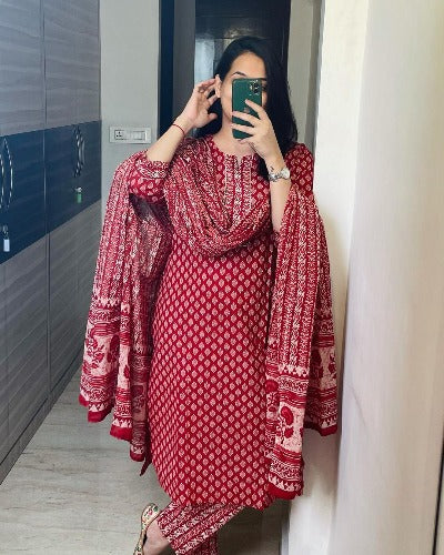 Red Handblock Printed Cotton Salwar Suit Set