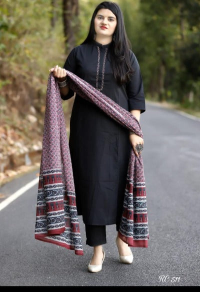 Black Khadi Cotton Salwar Suit With Malmal Dupatta