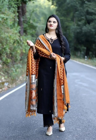 Black Khadi Cotton Hand Embroidery Work Salwar Suit Set