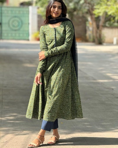 Green Summer Collection Cotton Anarkali Suit Set