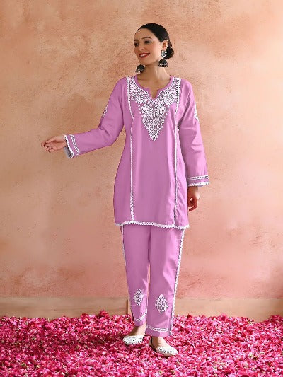 Pink Rayon Lucknowi Work Kurti Pant Set Of 2