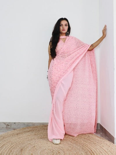  1 Min Light Pink Georgette Bandhani Print Stitched Readymade Saree