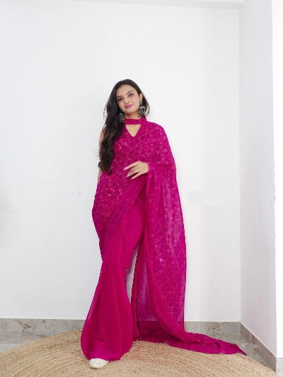  1 Min Dark Pink Georgette Bandhani Print Stitched Readymade Saree