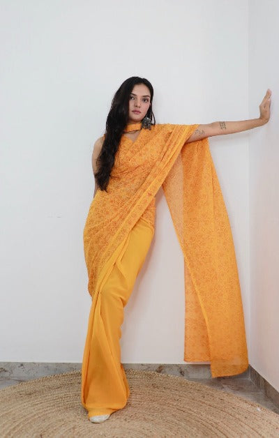1 Min Yellow Georgette Bandhani Print Stitched Readymade Saree