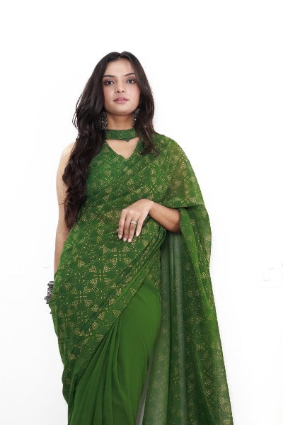 1 Min Green Georgette Bandhani Print Stitched Readymade Saree