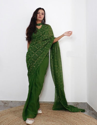 1 Min Green Georgette Bandhani Print Stitched Readymade Saree