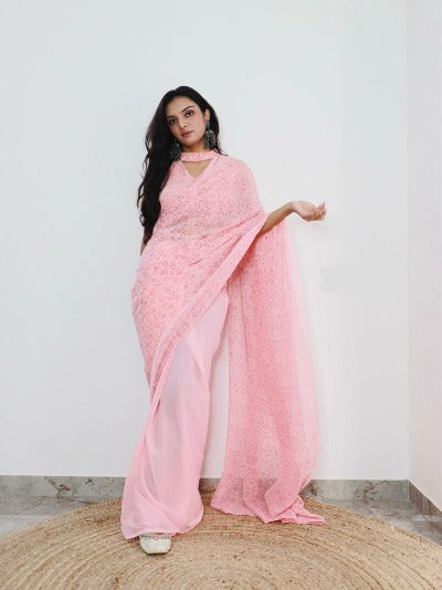  1 Min Light Pink Georgette Bandhani Print Stitched Readymade Saree