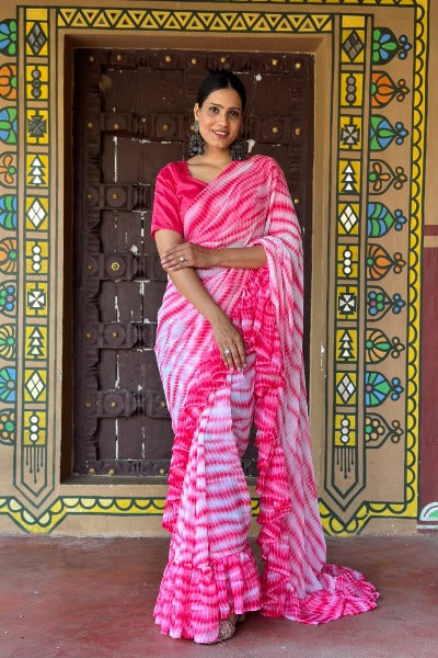 1 Min Pink Georgette Designer Ruffle Stitched Readymade Saree
