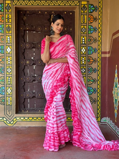 1 Min Pink Georgette Designer Ruffle Stitched Readymade Saree