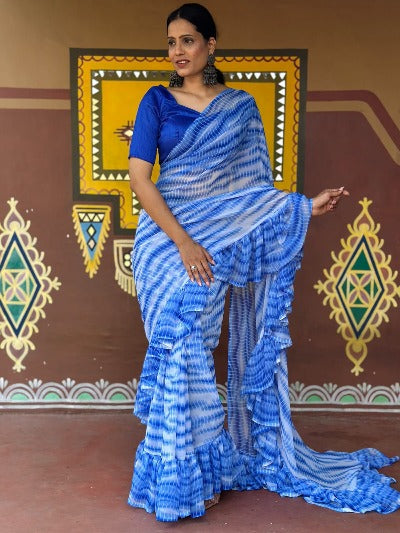  1 Min Blue Georgette Designer Ruffle Stitched Readymade Saree