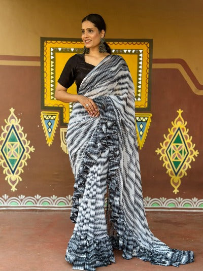 1 Min Black Georgette Designer Ruffle Stitched Readymade Saree