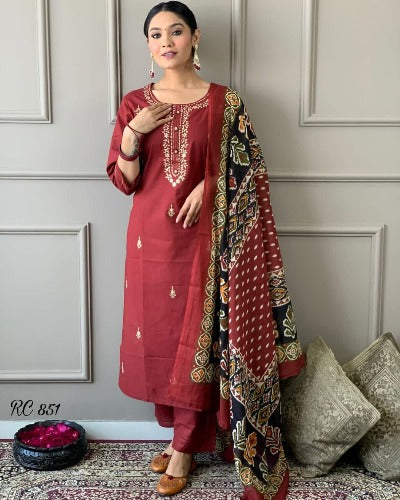 Burnt Red Cotton Festive Wear Salwar Suit Set