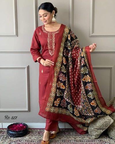 Burnt Red Cotton Festive Wear Salwar Suit Set