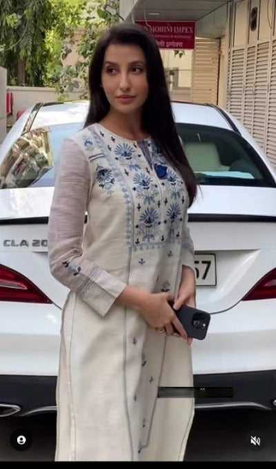 Ivory White Chanderi Silk Bollywood Inspired Kurti Pant Set Of 2