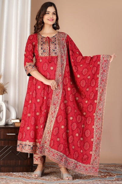 Red Foil Print Cotton Anarkali Suit Set