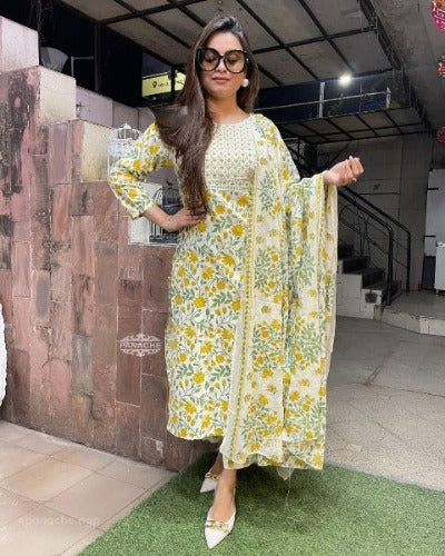 Yellow Fresh Floral Print Cotton Salwar Suit Set