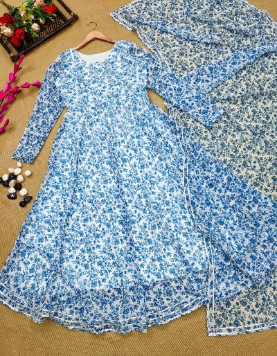Blue & White Floral Georgette Anarkali Gown Dupatta Set Of 2