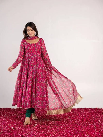 Pink Kalamkari Print Georgette Anarkali Gown Suit Set