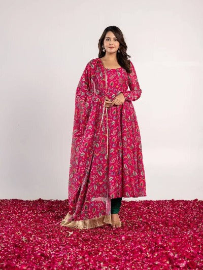 Pink Kalamkari Print Georgette Anarkali Gown Suit Set