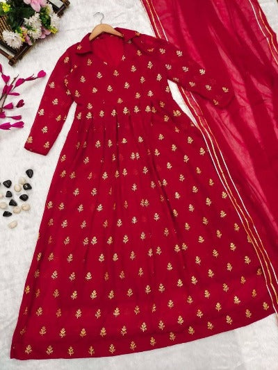 Red Collared Georgette Anarkali Gown With Dupatta Set Of 2