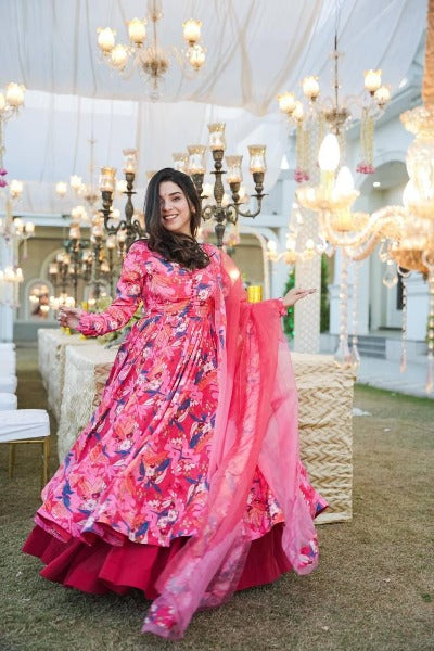 Pink Chinon Silk Orchid Print Anarkali Gown Suit Set