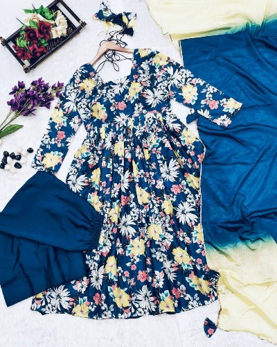 Blue Chinon Silk Orchid Print Anarkali Gown Suit Set