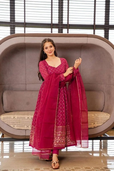 Maharani Pink Georgette Anarkali Gown Dupatta Set Of 2