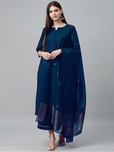 Teal Blue Rayon Foil Print Salwar Suit Set