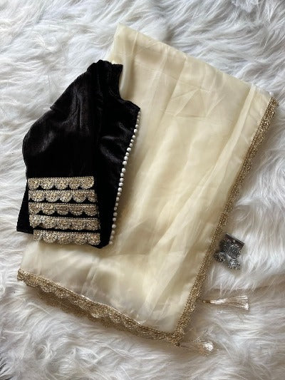 Ivory Premium Paper Silk Tissue Saree With Stitched Readymade Velvet Blouse