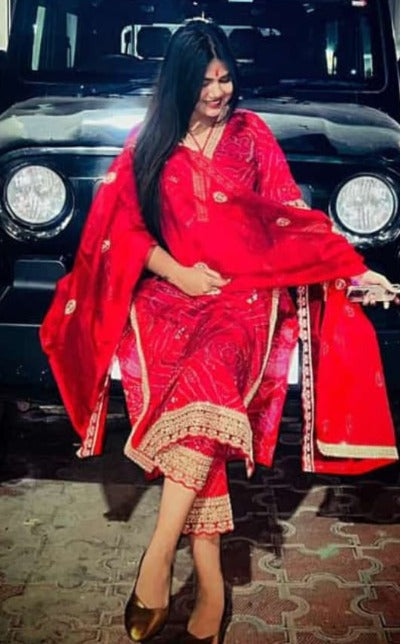 Red Bandhej Print Hand Work Heavy Cotton Salwar Suit With Organza Dupatta