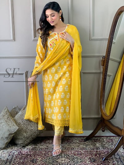 Yellow Cotton Embroidered Salwar Suit Set