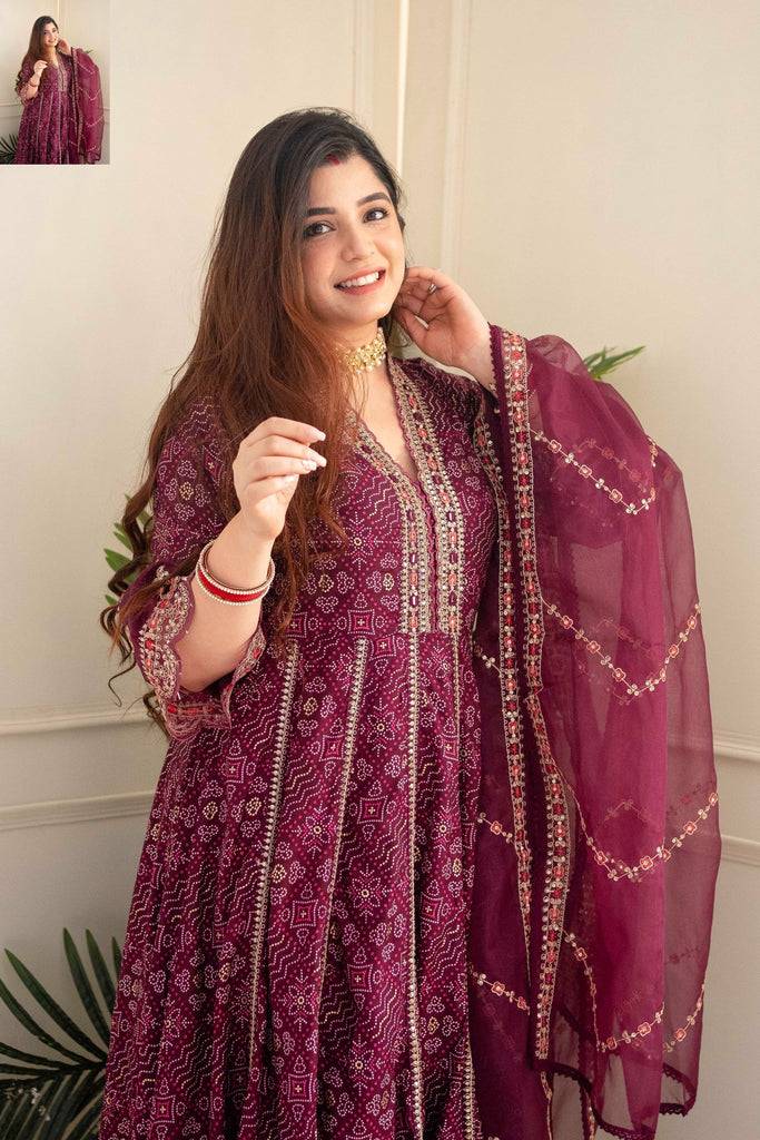 Burgundy Wine Bandhani Print Heavy Cotton Anarkali Suit With Organza Dupatta