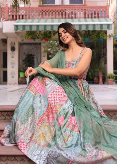 Pastel Green Multicolour Digital Printed Chinnon Gown With Dupatta Set Of 2