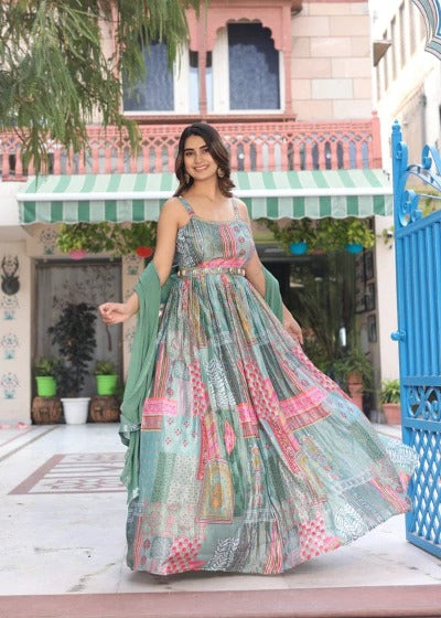 Pastel Green Multicolour Digital Printed Chinnon Gown With Dupatta Set Of 2